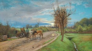 En bonde taler med en vejmand i fuldmanens skaer by Carl Frederic Aagaard - Oil Painting En bonde taler med en vejmand i fuldmanens skaer by Carl Frederic Aagaard - Hand-Painted Oil Painting Reproduction